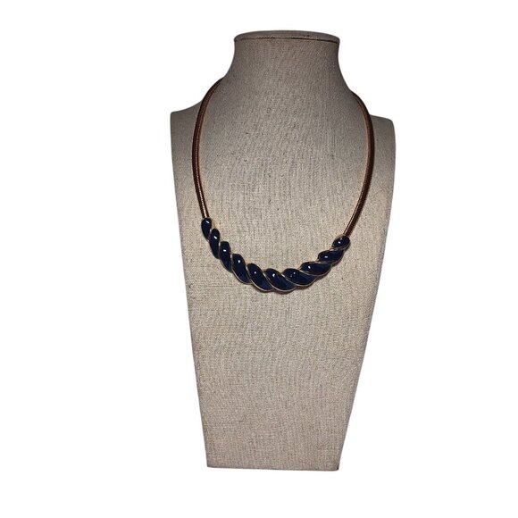 Gold Tone Snake Chain Chocker with Twisted Blue Enamel 14" - Picture 6 of 7